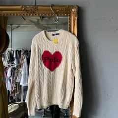 ポロ ラルフローレン poloRalphLauren ニット Sサイズ 36 7号 　ハート 刺繍 ホワイト オフホワイト アイボリー 白 シロ　赤　RED　レッド　朱色　お呼ばれ　デート　オフィスカジュアル　食事会　ケーブル