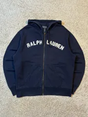 M レア) 90's ポロ ジーンズ Spellout アーチロゴ フーデッドジップアップ ネイビー