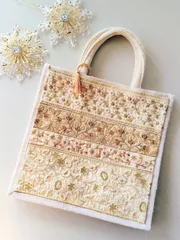 ジュートバッグ M-Standard「Champagne 」ホワイト　インド刺繍リボン　かごバッグ