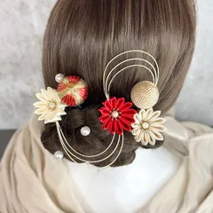 卒業式髪飾り 成人式髪飾り/ウエディング ヘッドパーツ 結婚式 色打掛 サテンつまみ細工 ちょい足し 赤 アイボリー