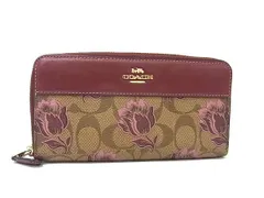 COACH コーチ F76871 シグネチャー レザー フラワー ラウンドファスナー 長財布 ウォレット 札入れ ブラウン系×ボルドー系 DK9167