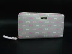 ■美品■ kate spade ケイトスペード レザー リボン ラウンドファスナー 長財布 ウォレット ライトグレー系×ピンク系 DL0086
