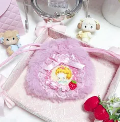 ルシアン　ハローベイビー　ふわふわ巾着ポーチ　ピンク　赤ちゃん　ベビー　いちご　薔薇　rose ゆめかわ　ゆめかわいい　エコファー　出産祝い　リボン　プレゼント　ギフト　量産型　ロリータ　甘ロリ