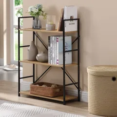 【在庫処分】スチール 木製棚板 幅58.6×奥行23.5×高さ80cm 隙間収納 スリム 3段 収納ラック 組立品 オープンシェルフ オーク色×ブラック 棚