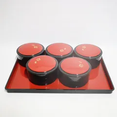 漆器 すし鉢 寿司鉢 蓋付き 5客 盆付き 黒朱 金彩 梅柄 お正月 ちらし寿司 手巻き寿司 来客用 おもてなし 箱あり 中古