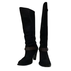 【美品】コールハーン (24.5) ロングブーツ ストラップ ベルト ヒール 本革 レザー 希少デザイン