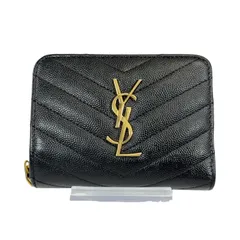【人気・美品】Yves Saint Laurent イヴ サンローラン キャビアスキン カサンドラ コンパクト ウォレット 財布 ラウンドジップ ファスナー ゴールド金具 403723 ブラック レディース メンズ YSL Vステッチ キルティングレザー