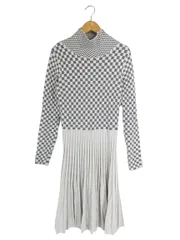 エンポリオアルマーニ EMPORIO ARMANI 6H2AW2 2M 15Z ニット ワンピース タートル ネック ブロック チェック カシミヤ混 ひざ丈 サイズ40 グレー 国内正規 QQQ