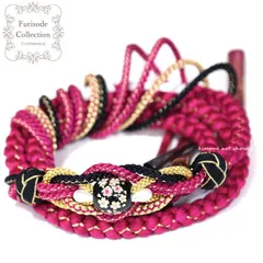 帯締め 振袖用 ラズベリー×黒・金 桜トンボ玉 かわいい 古典 成人式 結婚式