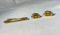 美品 Burberry バーバリー チェックライン カフス ネクタイピン セット カフリンクス タイピン ゴールド＆グリーン＆シルバー