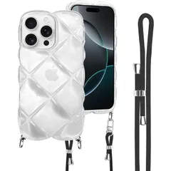 iPhone 15 Pro 用 ケース クリア ショルダー ウェーブ 菱形バック いphone 15 pro うねうね スマホケース TPU 菱形 凸凹 可愛い 耐衝撃 超軽量 アイフォン15プロ 6.1インチ用 肩掛け 斜めかけ 縄掛け 透明TPU 取り外し
