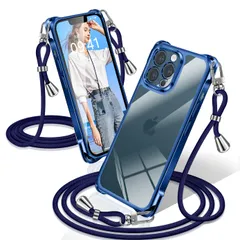 用の iPhone 12 Pro ケース クリア ショルダー 耐衝撃 アイフォン12 Pro カバー 透明 クロスボディショルダー 電気メッキ加工 ファッション設計 長さ調整 TPUスマホ ポータブル 落下を防ぐ 四隅の保護 (ブルー)
