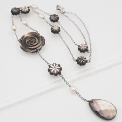L681 シェル 淡水真珠 パール 925刻印 ネックレス 薔薇 バラ ローズ フラワー デザイン シルバー