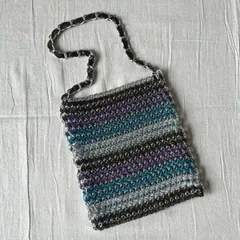 希少　完売品　archive　アーカイブ小物　BEAMS　ビームス　Casselini　キャセリーニ　シルバーチェーン　ハンドバッグ　トートバック　ラメ入りモールリボン　寒色系マルチボーダー柄　重量感　Y2K　C-GIRL　silver chain bag