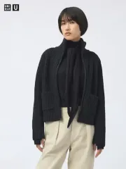 新品) UNIQLO U ラムウール ジップアップ カーディガン ブラック M