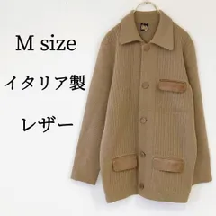 メンズ ニット ジャケット アウター カーディガン レザーポケット レザー 長袖 フロントボタン 襟付き 異素材ミックス イタリア製 M
