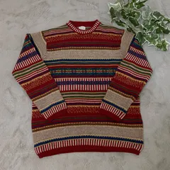 ヴィンテージ メンズ イタリア製 ベネトン ピュアシェットランド ウールセーター マルチカラー Mサイズ レトロ ウール100％