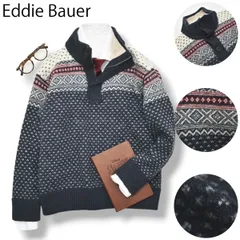 【美品】 エディーバウアー メリノ ウール ニット M バーズアイ柄 紺 x 白