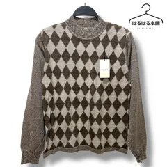 Anzu／茶色／ブラウン／長袖／ニット／ウール／アクリル／チェック／総柄／肩パッド／未使用タグ付き／M-L