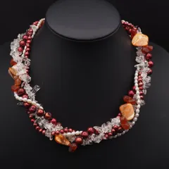 L813 淡水真珠 パール 水晶 シェル ネックレス 4連 レッド系カラー デザイン シルバー 6月誕生石