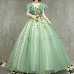 【新品?未使用】 カラードレス 編み上げ グリーン 半袖 緑 ロングドレス 結婚式 二次会 発表会 演奏会 ウェディングドレス ウエディングド