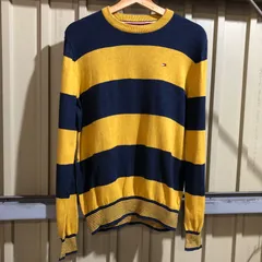 1293 TOMMY HILFIGER セーター イエロー ネイビー S トミーヒルフィガー ニット コットン ボーダー柄 ワンポイント 刺繍ロゴ 古着卸 アメリカ仕入