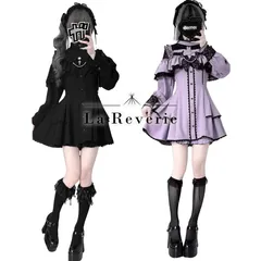 ゴシック ロリータ ワンピース ショートパンツ 2点セット 黒 パープル フリル レース クロス チャーム 長袖 ミニ丈 病みかわいい 地雷系 量産型 ゴスロリ 可愛い 原宿系 韓国ファッション レディース