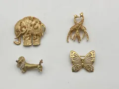 ブローチ　ゴールド　金ぴか　4点 美品！  / 象さん、きりん、ダックスフンド、蝶々