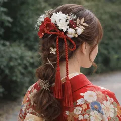 和紐 赤 和装 着物 髪飾り ㊺ 成人式 卒業式 ブライダル 前撮り ヘアアクセサリー ヘアピン ゴールド