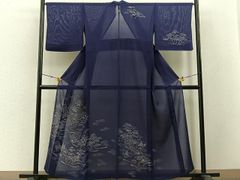 訪問着 単衣仕立て 正絹絽生地 濃い紫地に友禅の秋葉柄の付け下げ模様