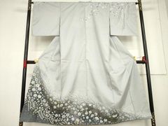 Do 単衣 作家物 紅葉と萩 暈し グレー 正絹 訪問着 着物 61 D◇着物くつろぎ 単衣 作家物 紅葉と萩 暈し グレー 正絹 訪問着 着物