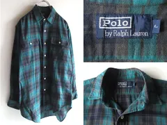 希少 80sビンテージ Polo by Ralph Lauren ラルフローレン コットン ライトネルシャツ チェックシャツ L ネイビー グリーン 樫山株式会社
