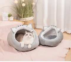 ペットベッド ペットハウス 猫ハウス 犬ベッド 猫型 寝床 2点セット クッション ベッド セット 面白い 猫 犬 ペット ペット用品 厚み 保温防寒 快適 柔らかい おしゃれ ふわふわ 暖かい もこもこ