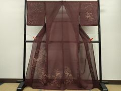 訳あり特価】夏着物 正絹 絽 訪問着 海老茶色 上品な秋草花文様 S
