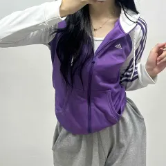 アディダス 白 PURPLE パープル ピンタークル スウェット パーカー ジップアップ レア ジャージ (M)