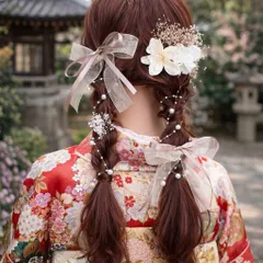 送料無料 ゴールド ベージュ ツインテール　お呼ばれ　結婚式  七五三 卒業式　髪飾り ㉓ リボン 花 子供