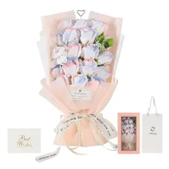 Moluppy ソープフラワー 花束 持ち運びに便利な 紙袋付き ボックス付き バラ 18本 スノーピンク 薔薇造花 誕生日 記念日 お祝い 送別会 ギフト プレゼント 0