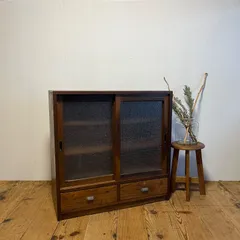 アンティーク ガラス戸棚 引き戸収納棚 古家具 食器棚 キャビネット 古道具 y461