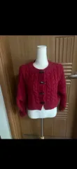 レッド ケーブル編み ニット カーディガン