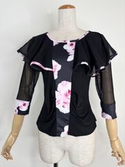華やか】新品 社交ダンストップス 黒 フリル ラメ縁取り ドット柄