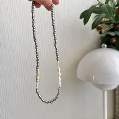 n32 ビーズネックレス チョーカー ウッド 淡水パール 金アレ対応素材に変更可