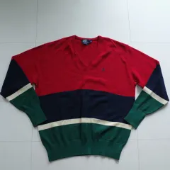 80年代 イギリス製 POLO RALPH LAUREN ポロラルフローレン ウール ニット XL Vネック BIGストライプ