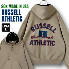 90sUSA製★ラッセルアスレチック★バックロゴプリント★ハーフボタン/ヘンリーネックスウェットパーカー★グリーン★Rusesll Athletic★USAメンズL   #2512D086