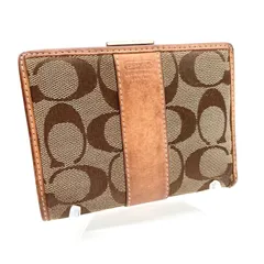 COACH コーチ 二つ折り 財布 折り財布 ウォレット がま口 シグネチャー ベージュ ブラウン 茶色 シルバー金具 レザー