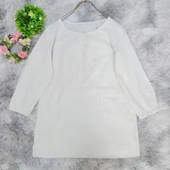 美品【ヒューマンウーマン】7分袖トップス　ライトグレー　サイドスリット　M