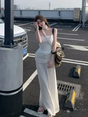 白 ONE PIECE セット (ノースリーブ + ロング丈スカート + スカーフ)