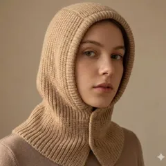 ニットフード付きネックウォーマー 寒さをふんわり包むフードマフラー バラクラバ【ブラウン】帽子 ネックウォーマー 登山 キャンプ スキー スノボー ウィンター ニット帽