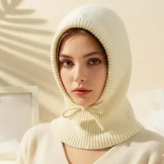 ニットフード付きネックウォーマー 寒さをふんわり包むフードマフラー バラクラバ【アイボリー】帽子 ネックウォーマー 登山 キャンプ スキー スノボー ウィンター ニット帽