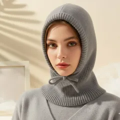 ニットフード付きネックウォーマー 寒さをふんわり包むフードマフラー バラクラバ【グレー】帽子 ネックウォーマー 登山 キャンプ スキー スノボー ウィンター ニット帽