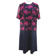 レトロ 半袖 ワンピース ひざ丈 紺系 ネイビー レース 花柄 裏地